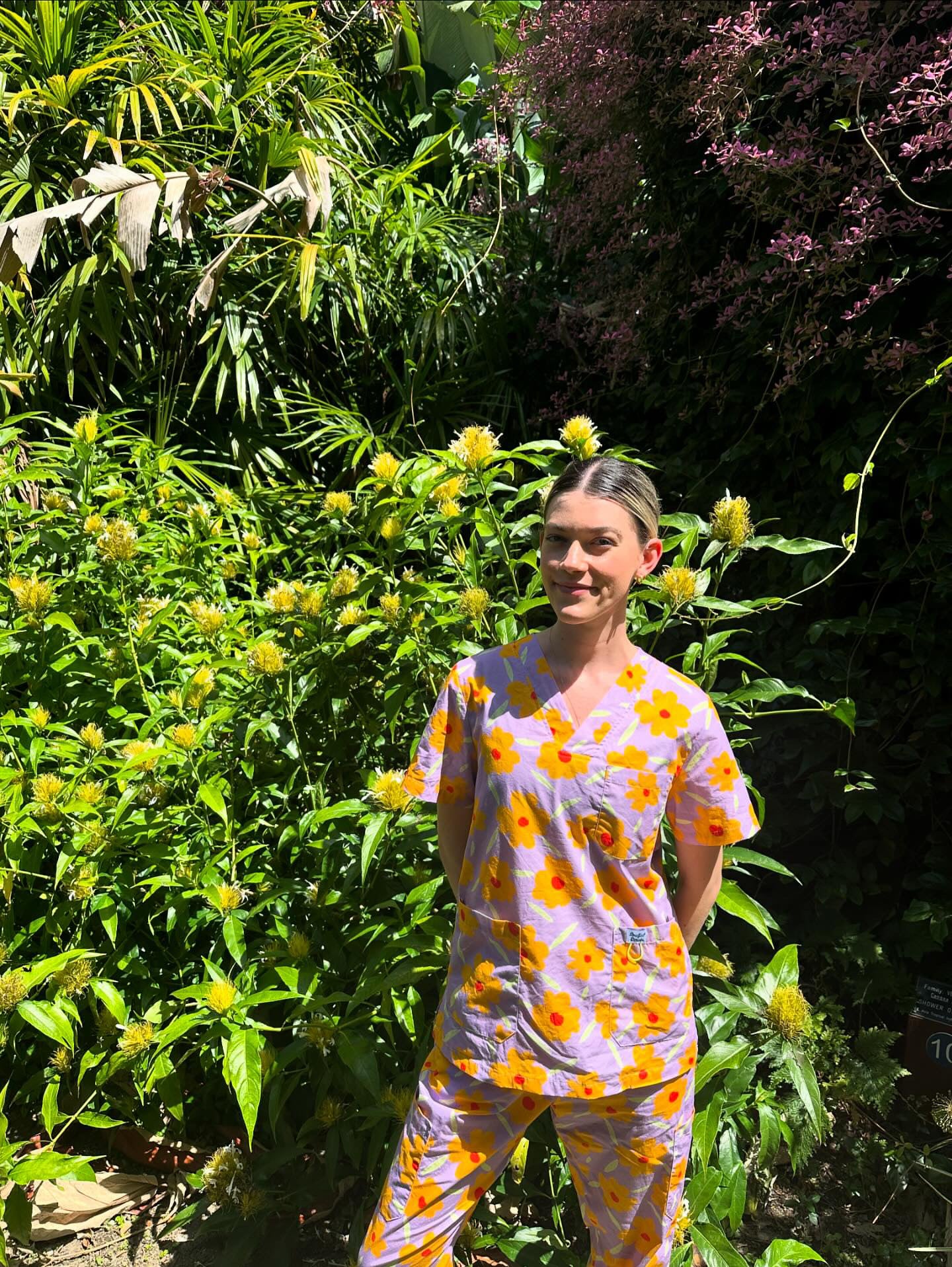 Sunny Strawflower Print Scrub Top