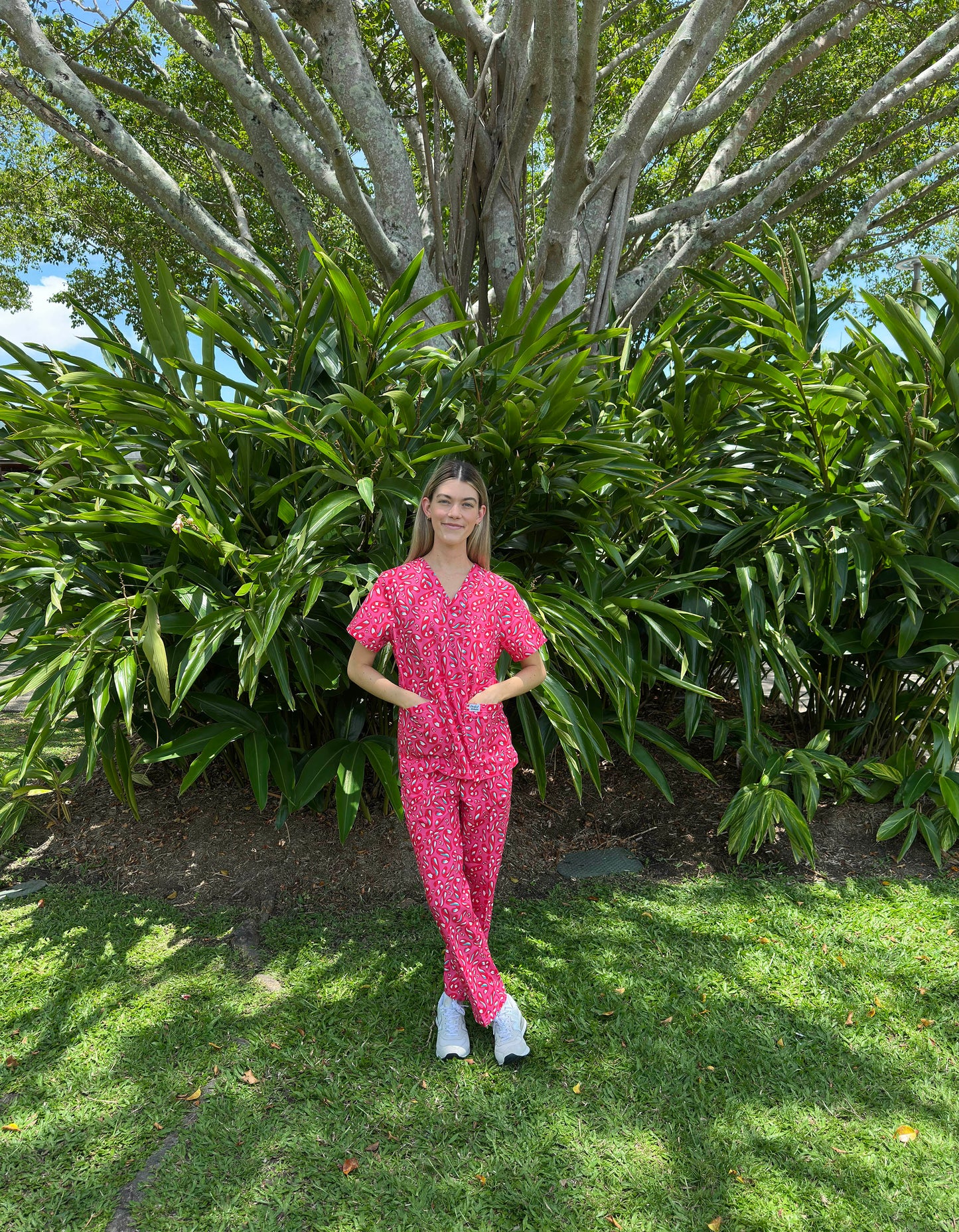 Christmas Pink Candy Cane Print Nursing Scrub Top