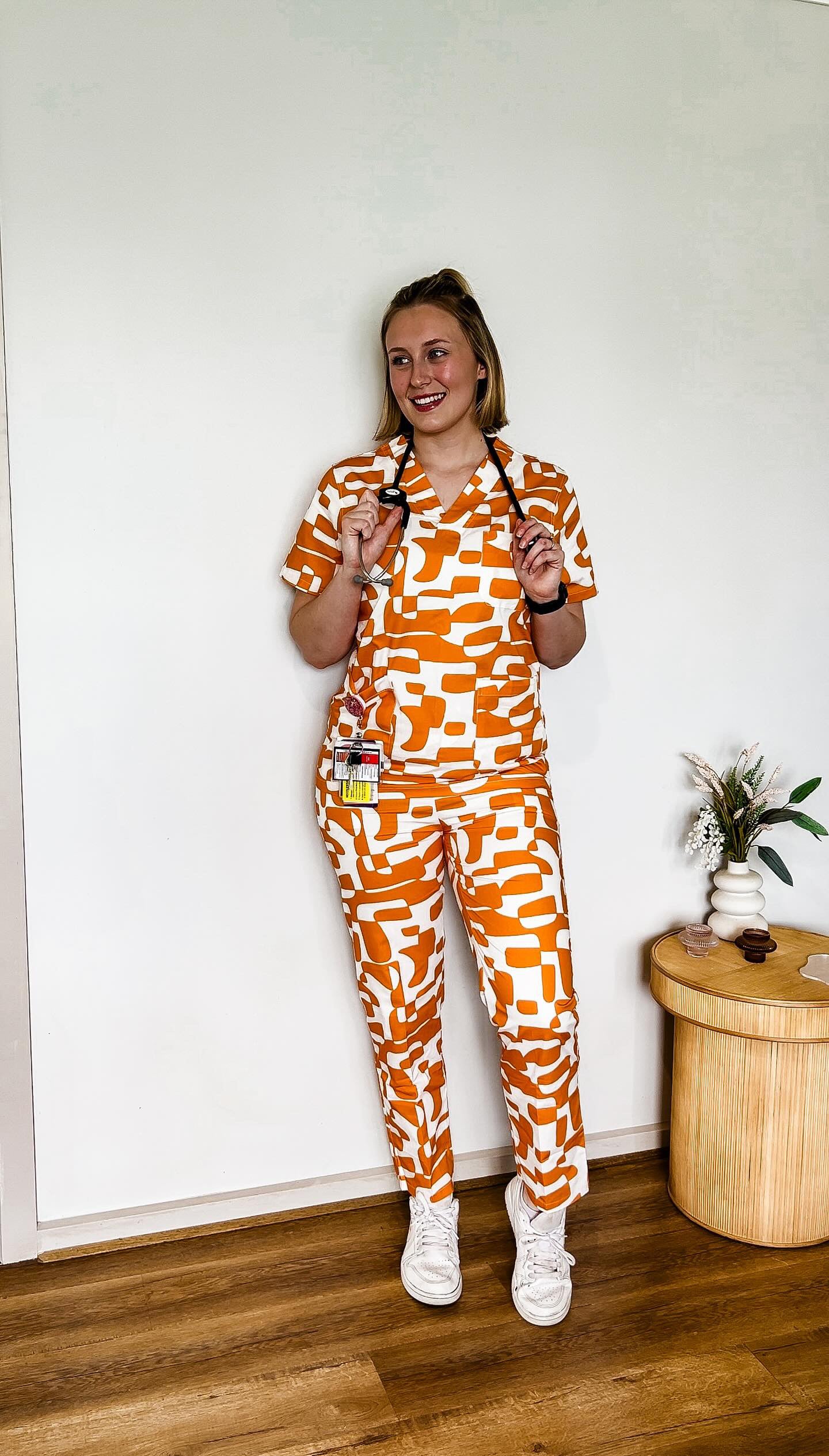 Neurographic Orange and White Print Full Nursing Scrub Set