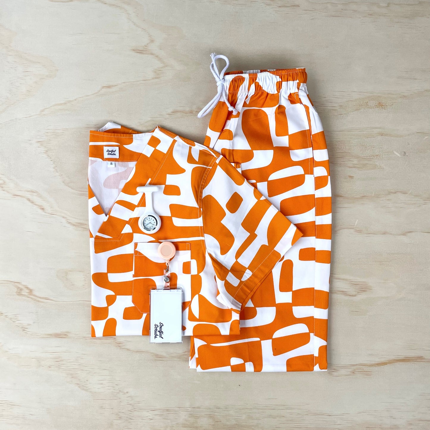 Neurographic Orange and White Print Full Nursing Scrub Set