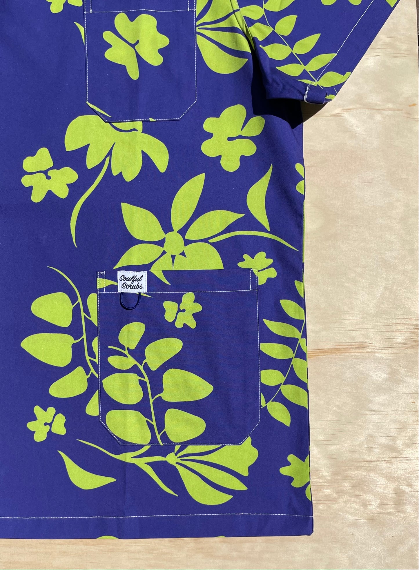 Blue and Lime Hawaiian Print Nursing Scrub Top