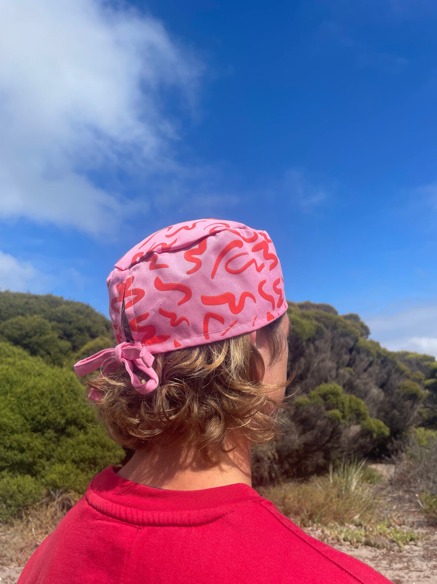 Pink and Red Wave Print Cotton Twill Scrub Cap