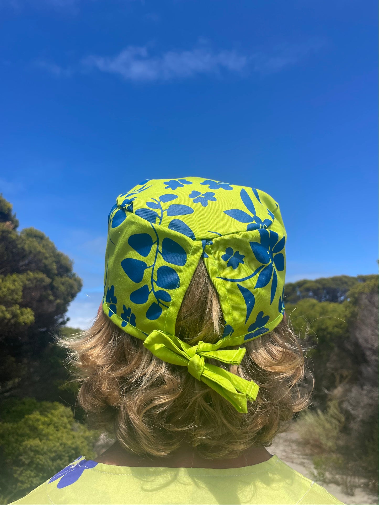 Lime and Blue Floral Cotton Twill Scrub Cap