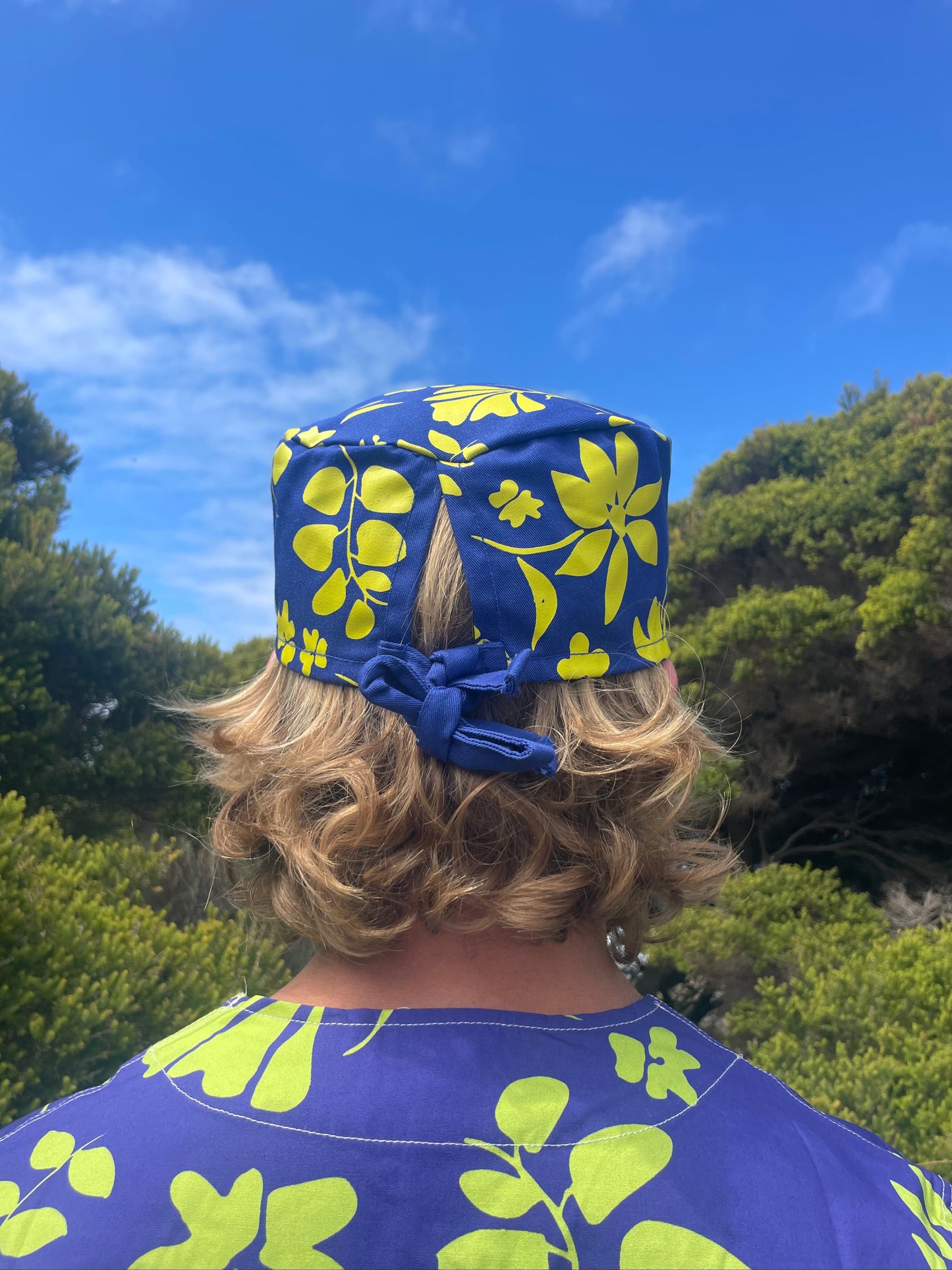 Blue and Yellow Floral Cotton Twill Scrub Cap