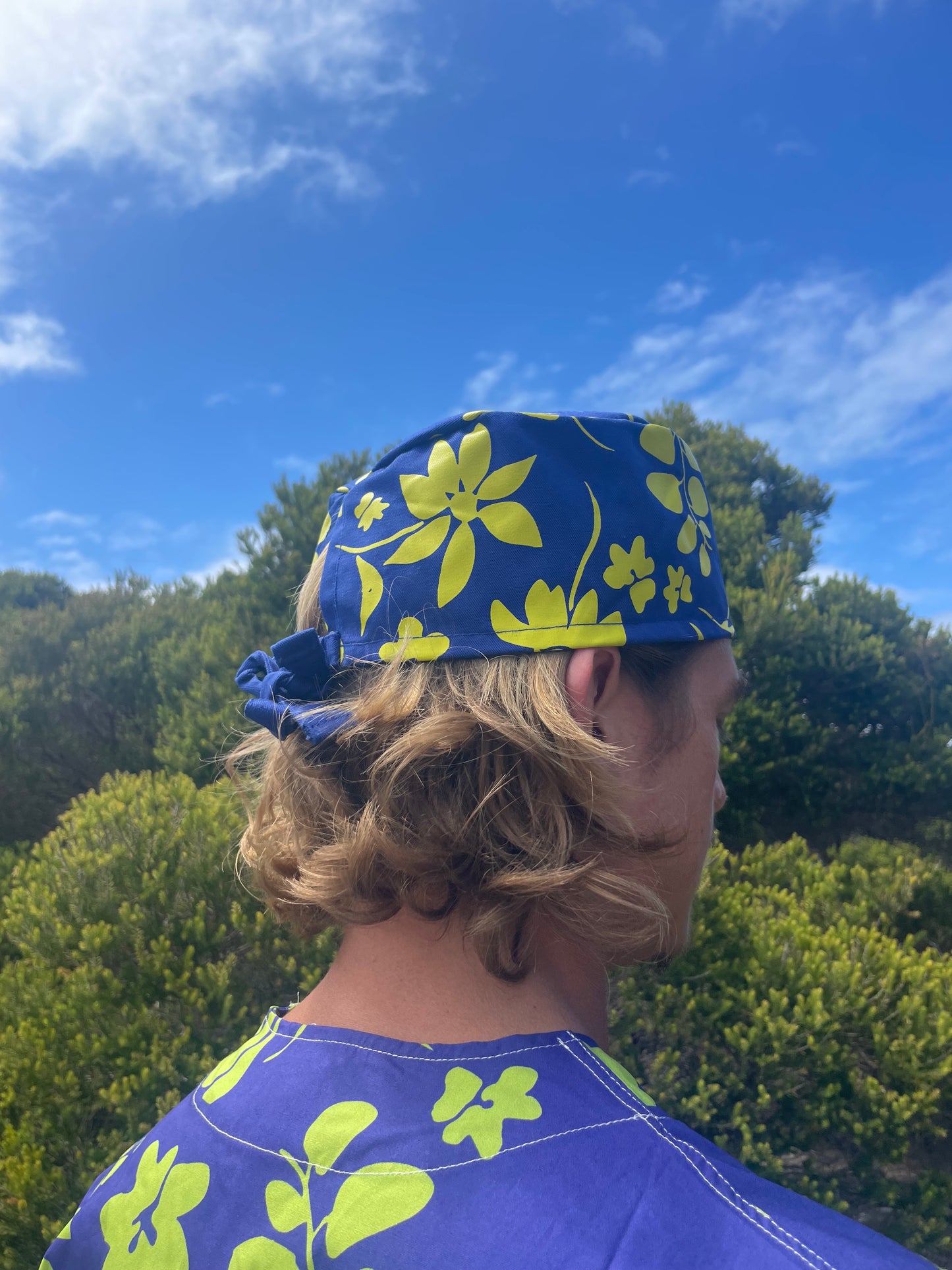 Blue and Yellow Floral Cotton Twill Scrub Cap