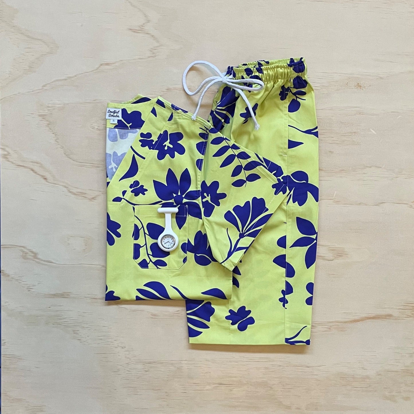 Lime Cream Hawaiian Print Nursing Scrub Top