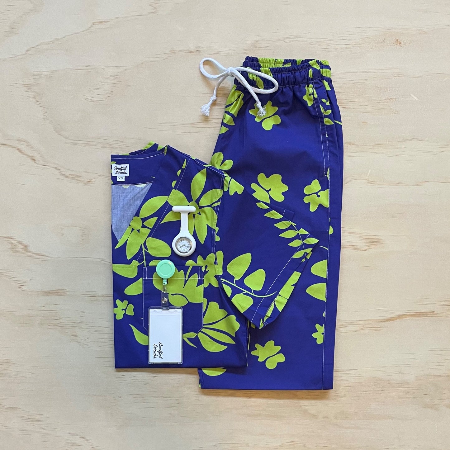 Blue and Lime Hawaiian Print Nursing Scrub Pants