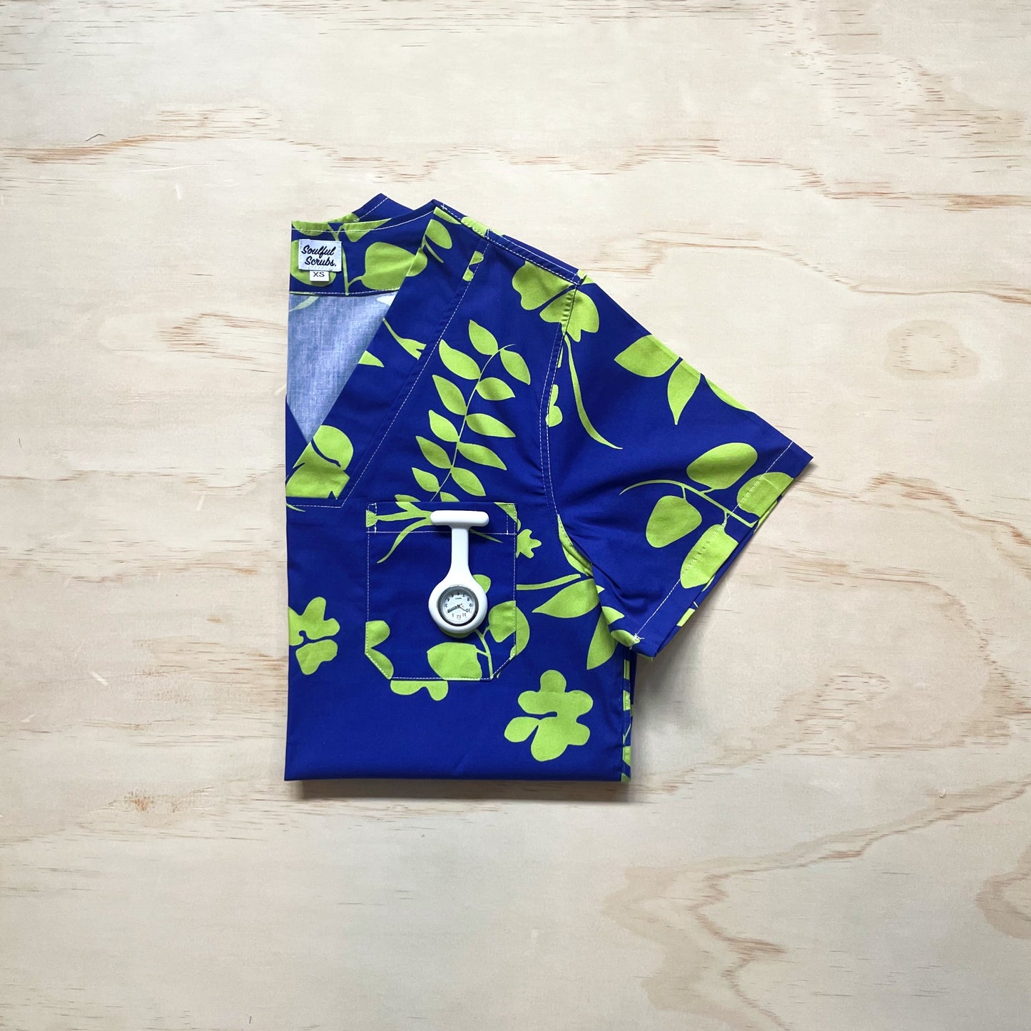 Blue and Lime Hawaiian Print Nursing Scrub Top