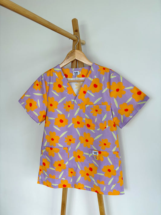 Sunny Strawflower Print Scrub Top