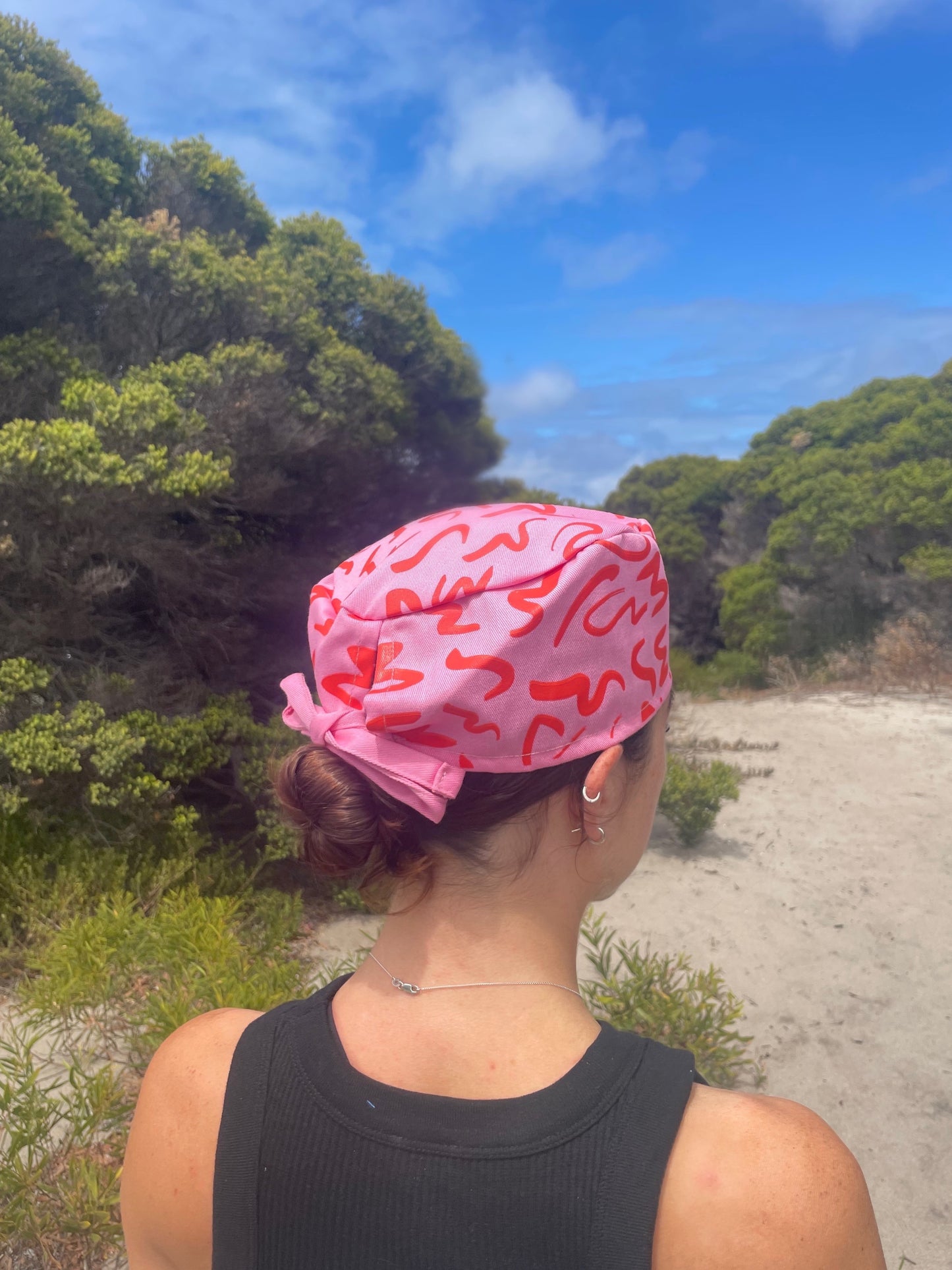 Pink and Red Wave Print Cotton Twill Scrub Cap