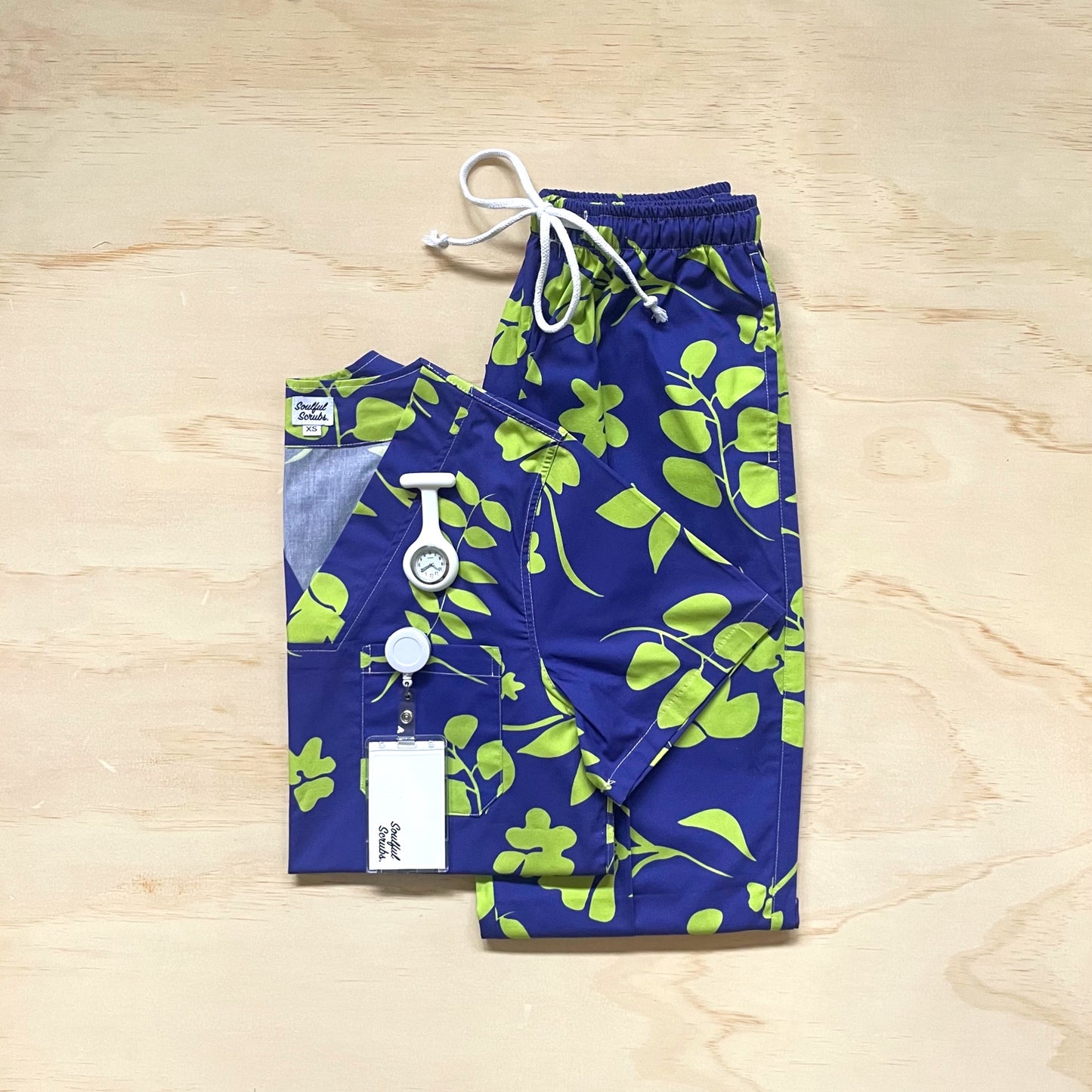 Blue and Lime Hawaiian Print Nursing Scrub Top