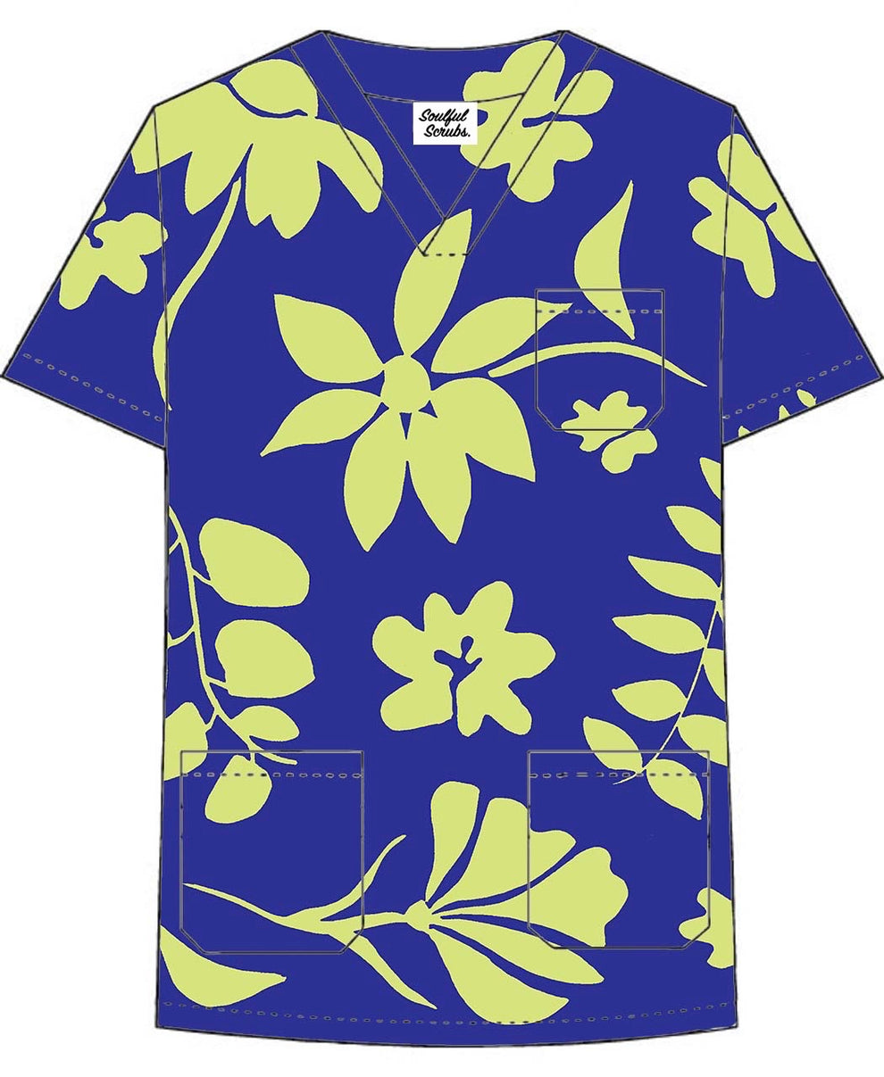 Hawaiian Print Cotton 2 Pockets Scrub Top In Vintage Tropical Toile 2XL